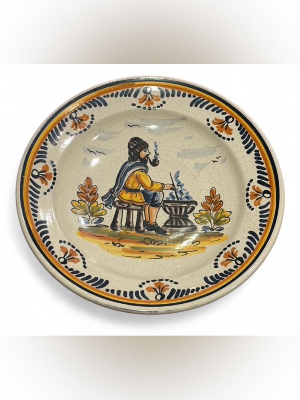 Cea David Antique Hand Painted Italian Faience Smoking Man Art Pottery Dish